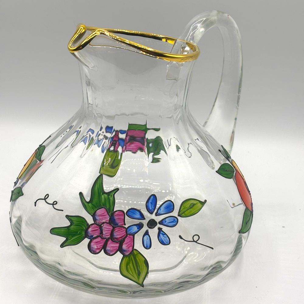Vtg Fifth Avenue hand painted Romanian crystal 8" fruit floral gold rim pitcher - Picture 6 of 9